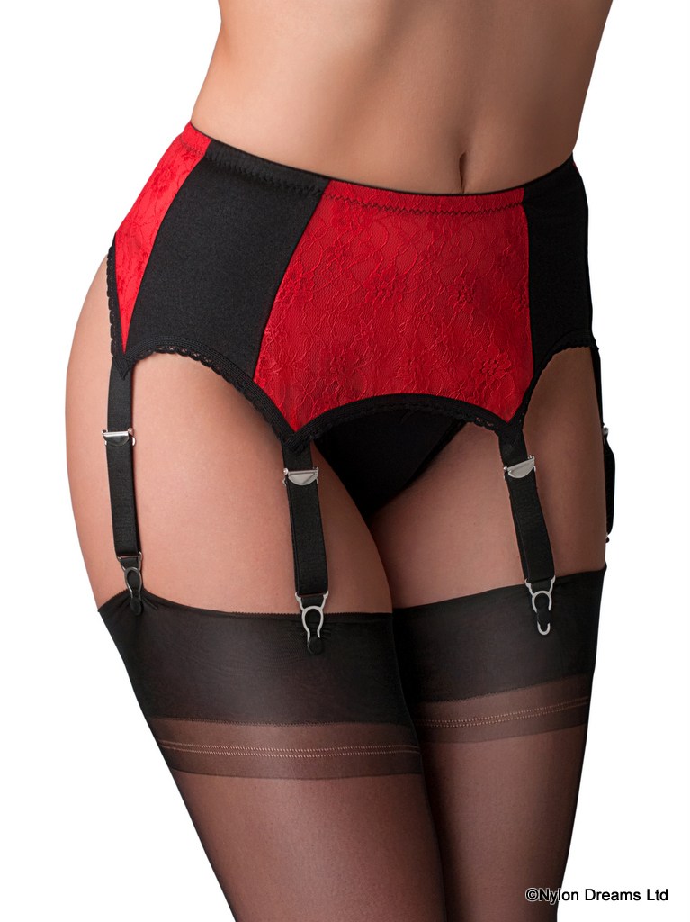 Picture of Nylon Dreams 6 Strap Suspender Belt with Black & Red Lace Panels