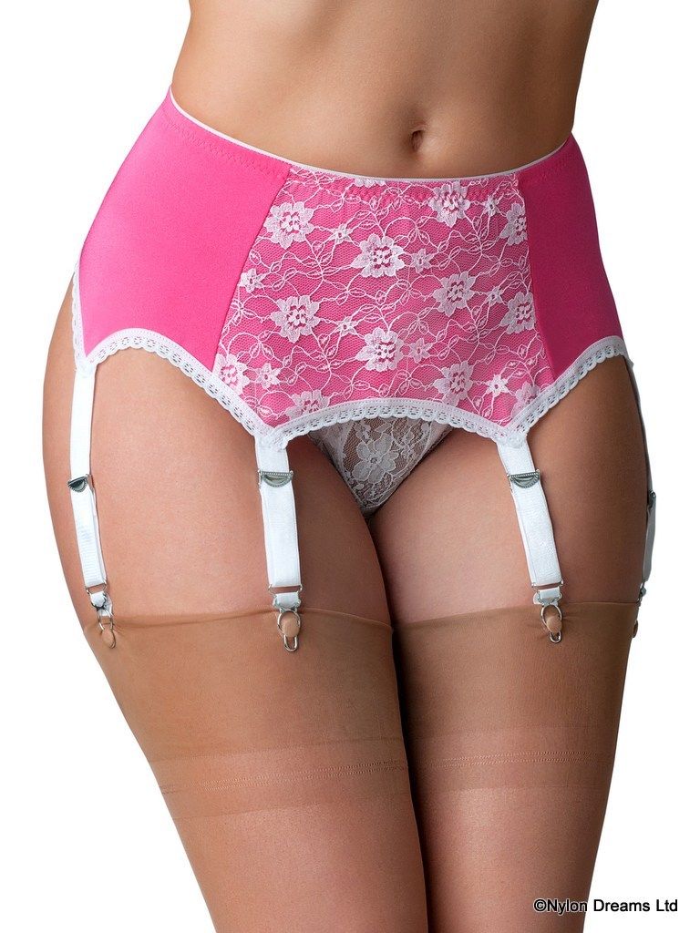 NYLON DREAMS PINK SUSPENDER BELT WITH LACE FRONT PANEL EDGED IN WHITE LACE