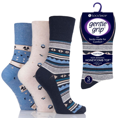 Diabetic Ladies Gentle Grip Socks, 3 Pair Pack, Blues