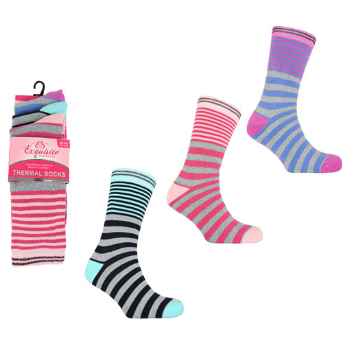 Picture of Ladies 3 Pair Pack Exquisite Thermal Socks Stripe
