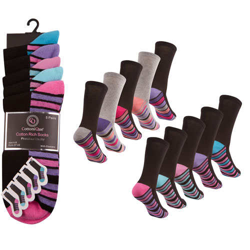 Picture of Ladies 5 Pair Pack Socks Coloured Heel/Toe