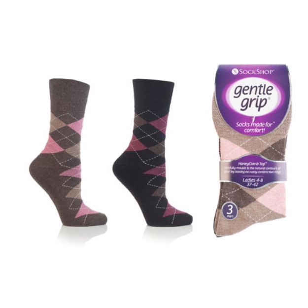 LADIES GENTLE GRIP SOCKS ARGYLE NEUTRALS.